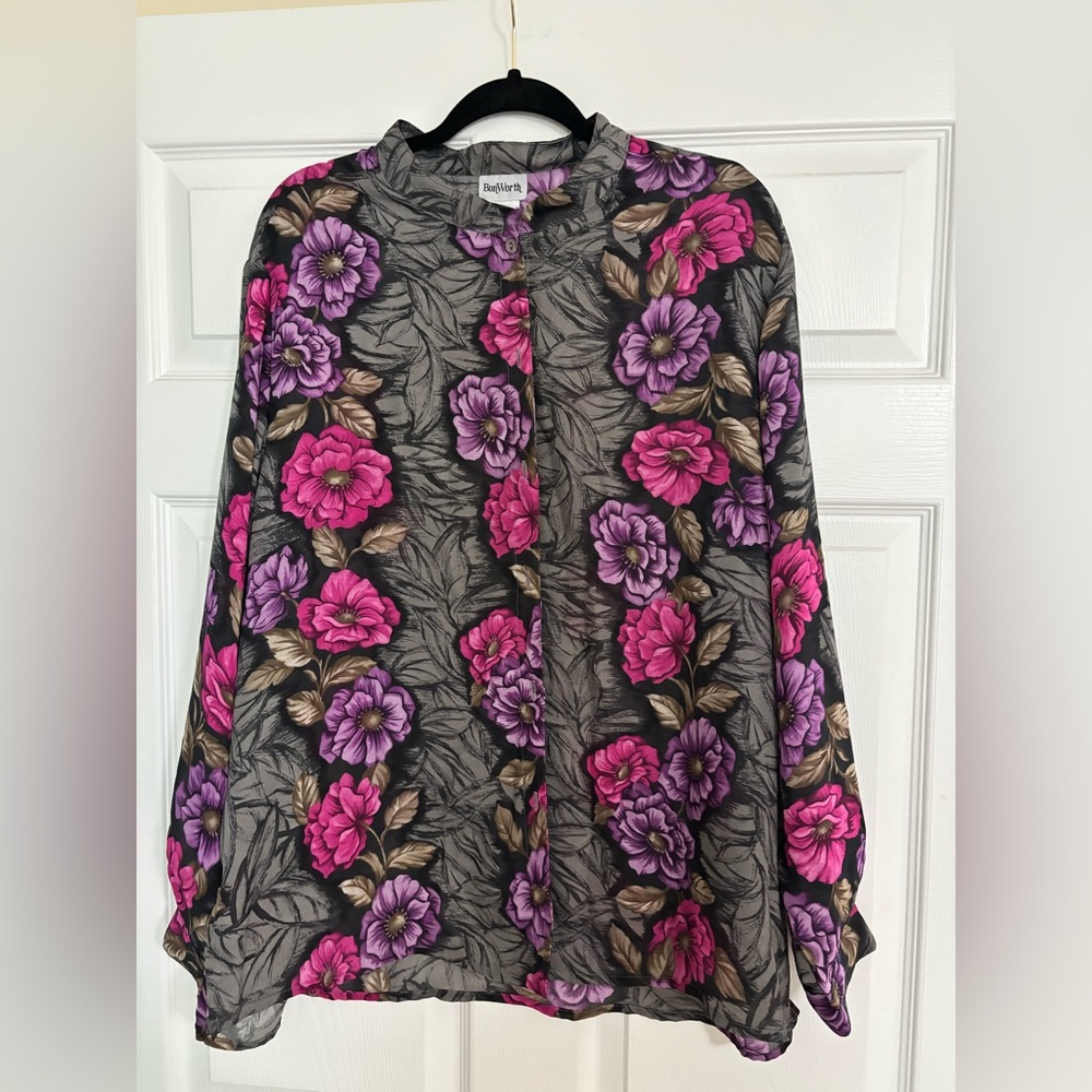 BonWorth Black Button-Front Floral Blouse with Pink & Purple Flowers